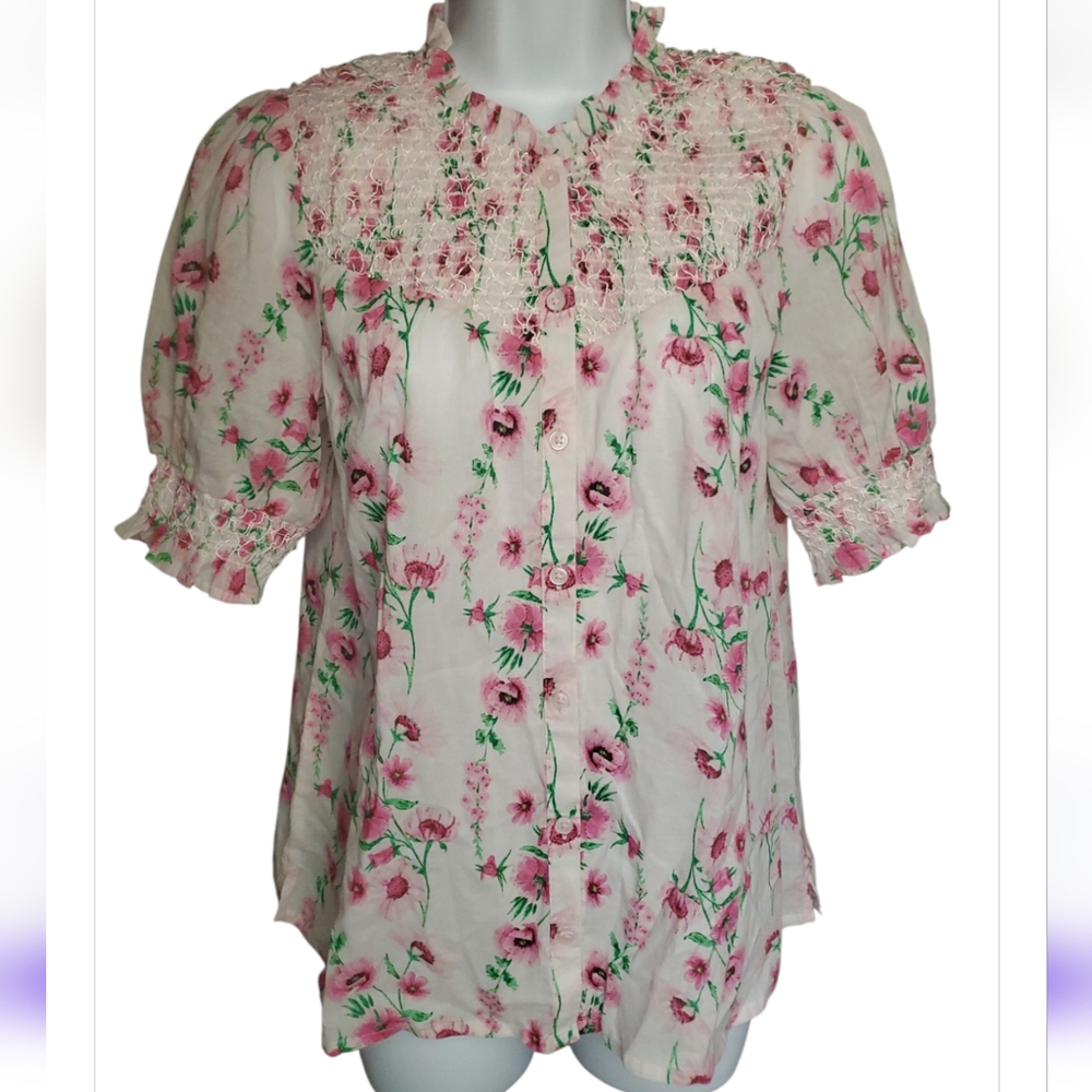 Crown & Ivy Cream Puff Sleeve Smocked Blouse Women XS NWT